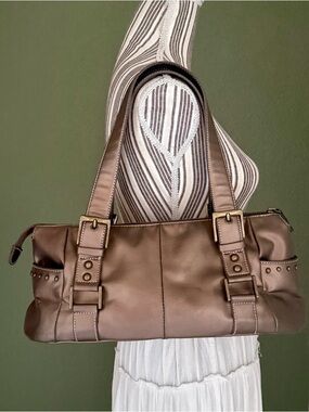 Y2K Bronze Metallic Leather Baguette Bag – Buckle Hardware Shoulder Purse